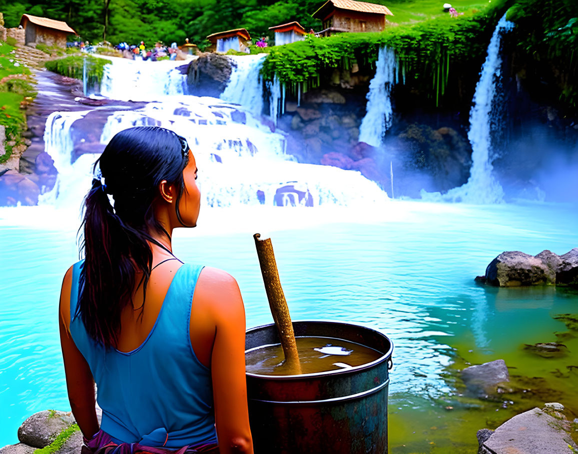 Woman admires cascade in lush greenery with metal pot in foreground