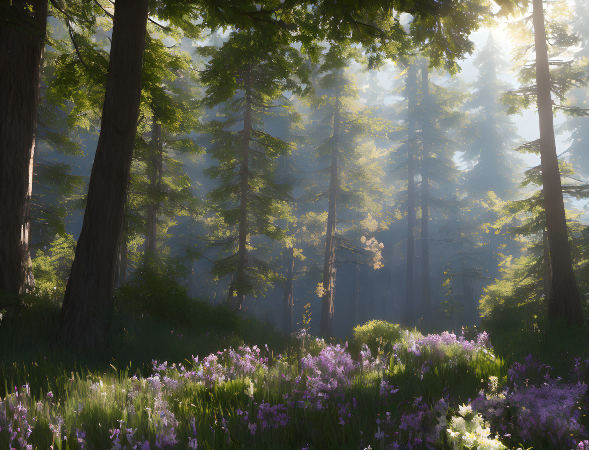 Misty forest with sunlight, wildflowers, and tall trees