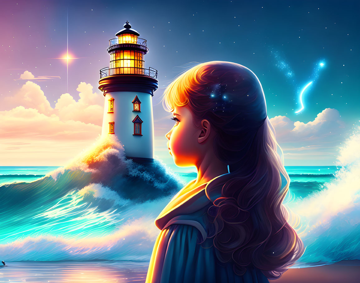 Girl with cosmic hair gazing at lighthouse under twilight sky