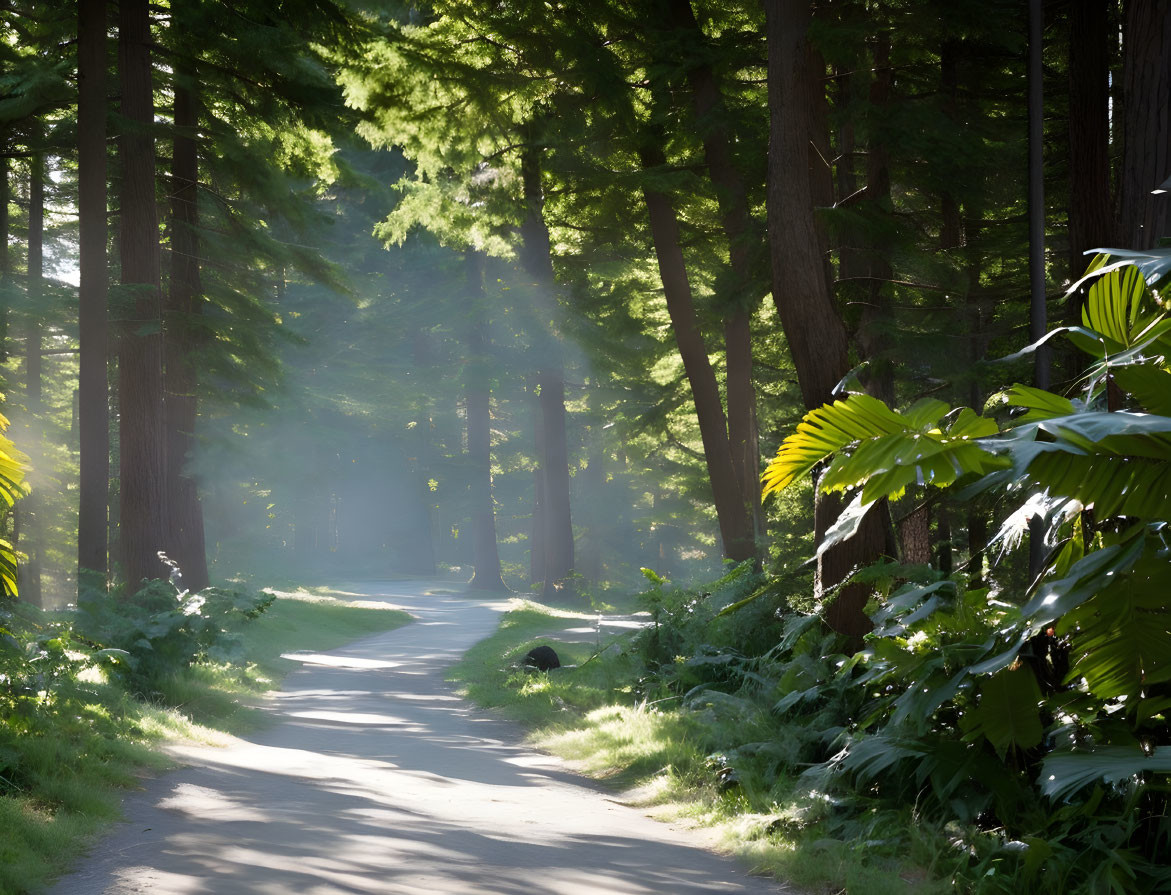 Tranquil Forest Path with Sunlight and Shadows