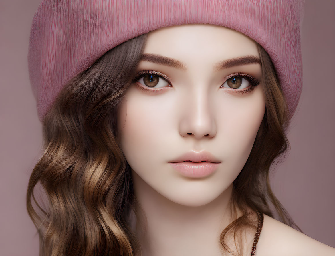 Portrait of person with wavy hair, hazel eyes, pink beanie, mauve background