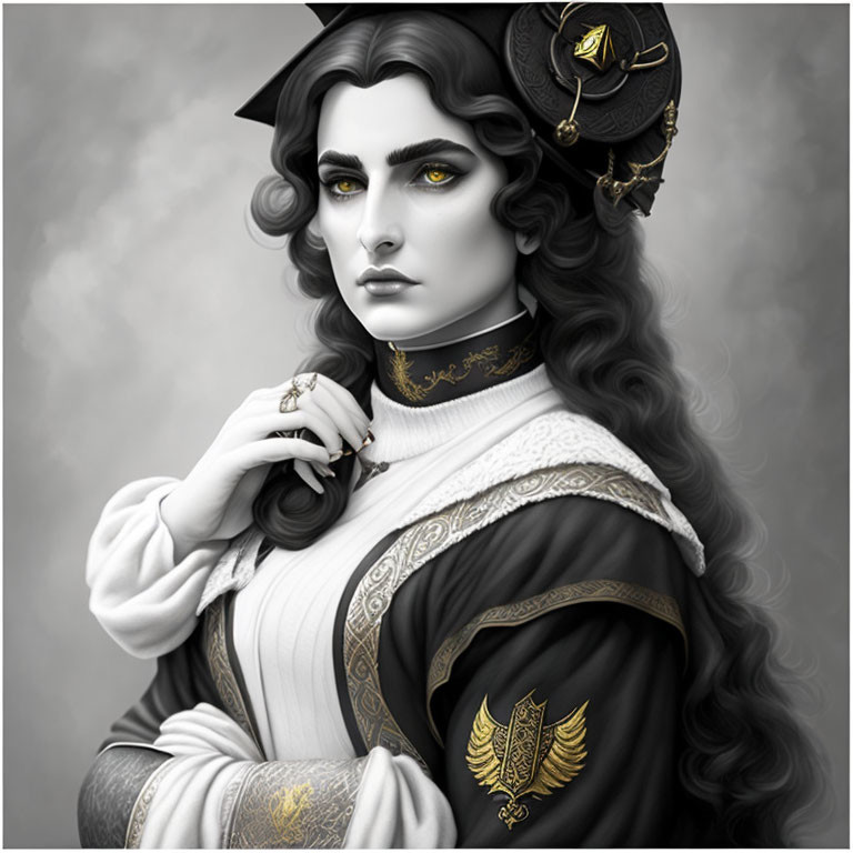 Monochrome illustration of woman in intricate clothing with gold accents