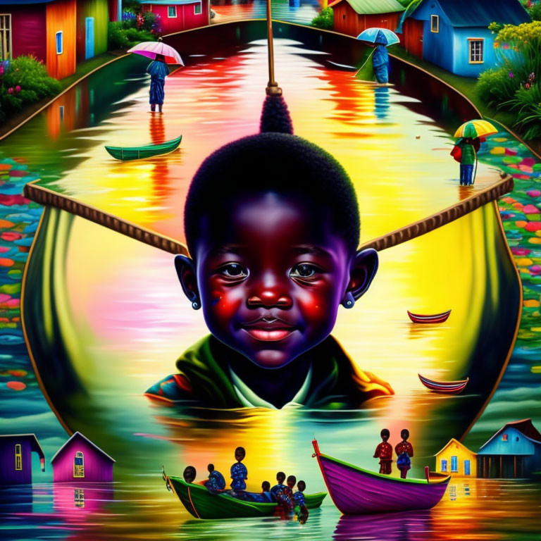 Colorful Artwork: Child Portrait Surrounded by Canal Scenes