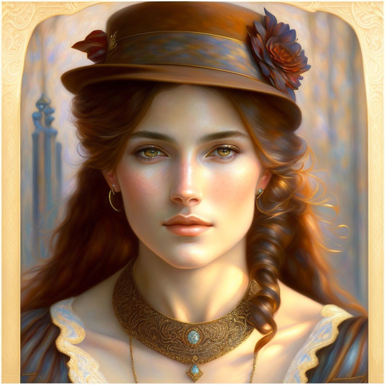 Portrait of a Woman with Hazel Eyes in Brown Hat and Vintage Jewelry