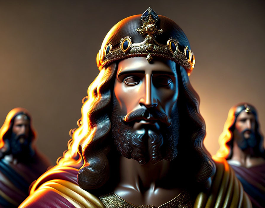 Regal figure with crown and flowing beard in shadowy setting.