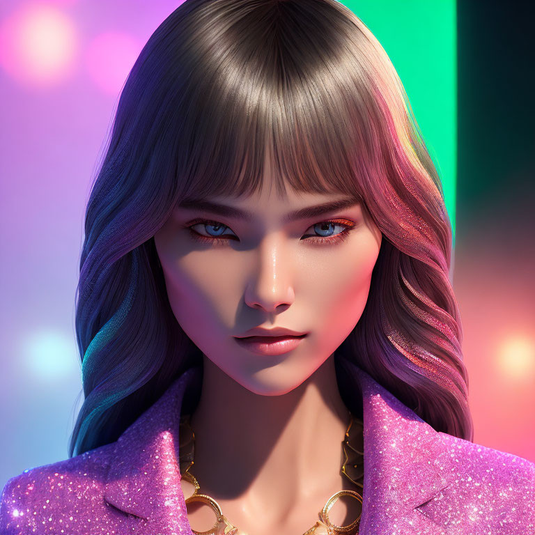 Female character in 3D with purple blazer, gold necklace, and straight hair under vibrant lighting