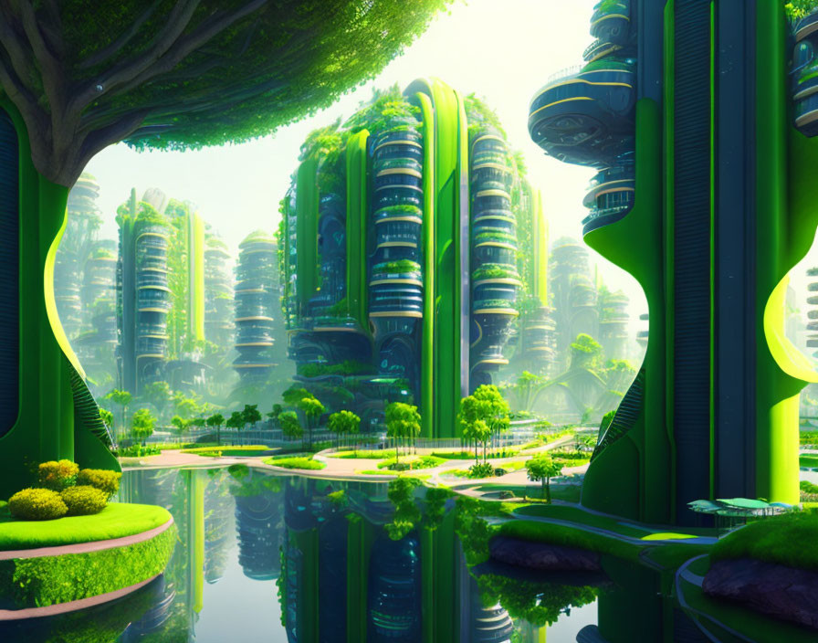 Futuristic cityscape with biodome structures, lush greenery, and waterways