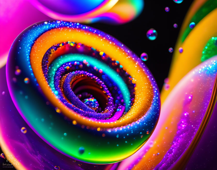 Colorful Swirling Liquid with Water Beads on Dark Background