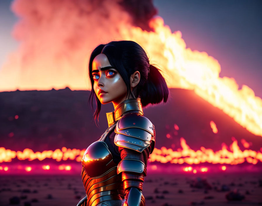 Female cyborg with blue eyes and dark hair in metallic armor against volcanic eruption backdrop