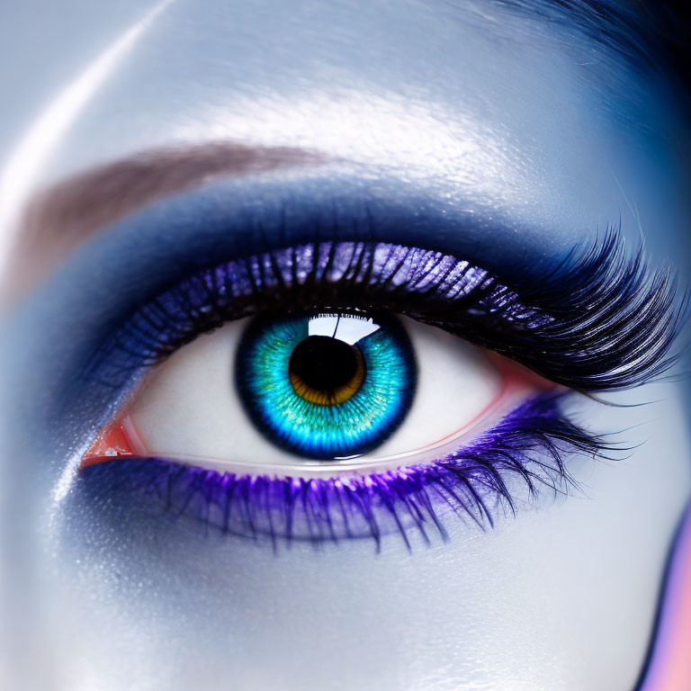 Detailed Close-up of Woman's Eye with Blue and Purple Makeup