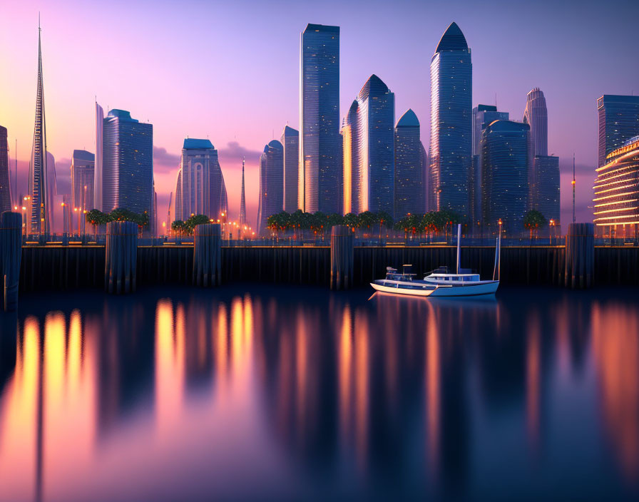 Cityscape with illuminated skyscrapers and boat in calm water