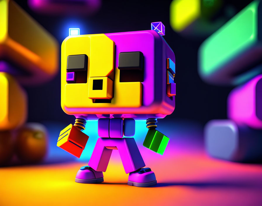 Vibrant 3D cubic robot with shopping bags in colorful setting