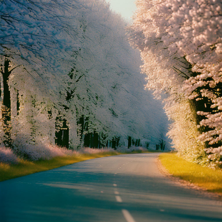 Tranquil road with blossoming trees in soft spring light