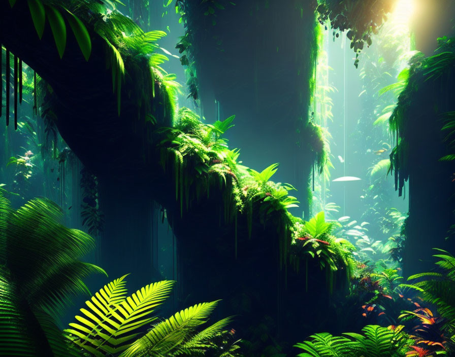 Lush Green Jungle with Sunlight Filtering Through Canopy