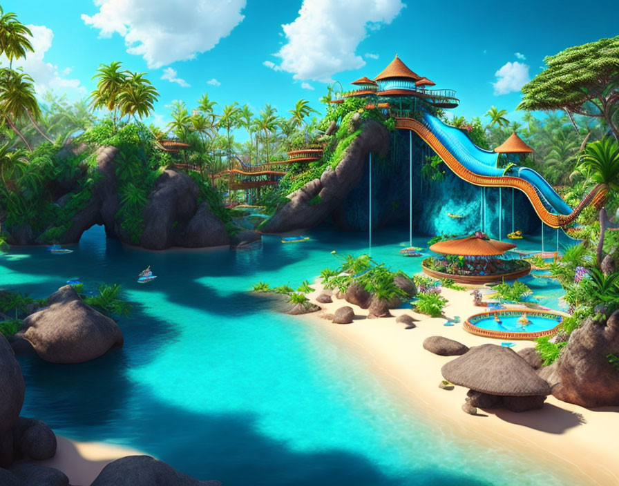 Tropical waterpark with slides, waterfalls, palm trees, river, and traditional buildings