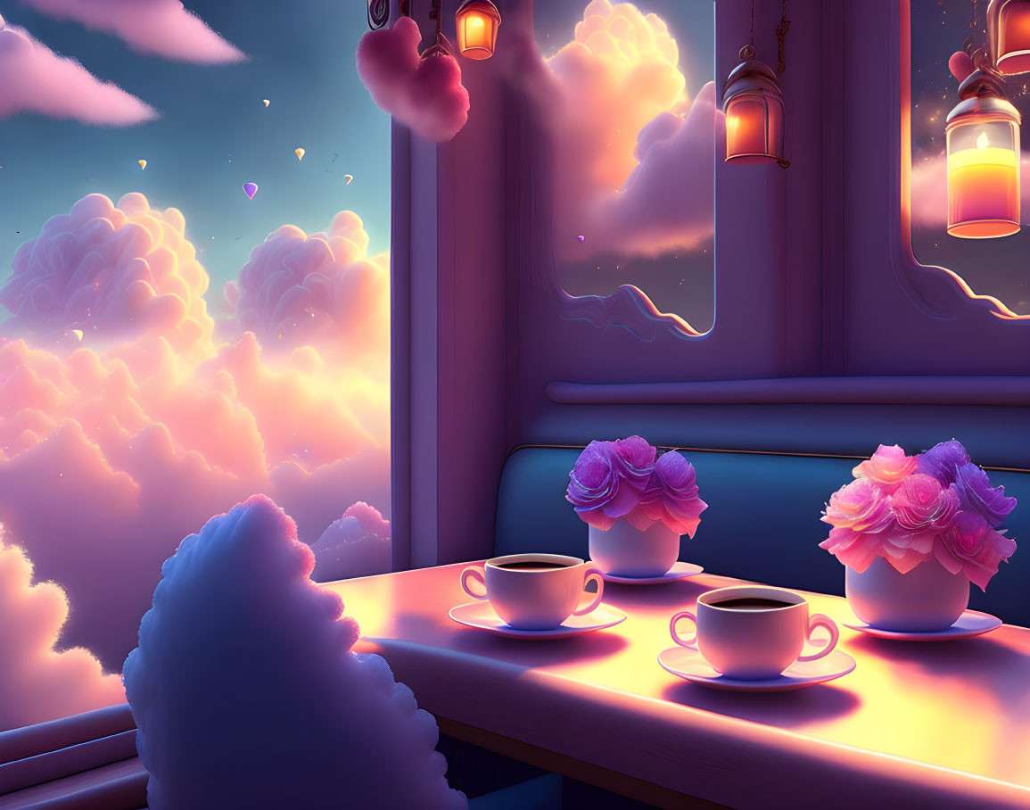 Cozy corner illustration with fantasy sky and pink clouds