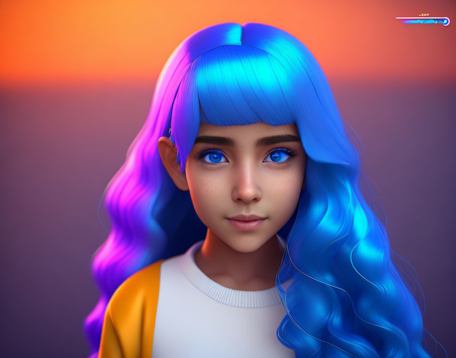 Colorful 3D Illustration of Girl with Electric Blue Hair on Sunset Background