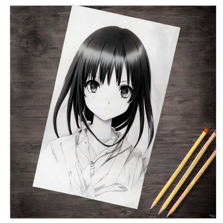 Monochrome anime girl sketch on paper with pencils on wooden surface