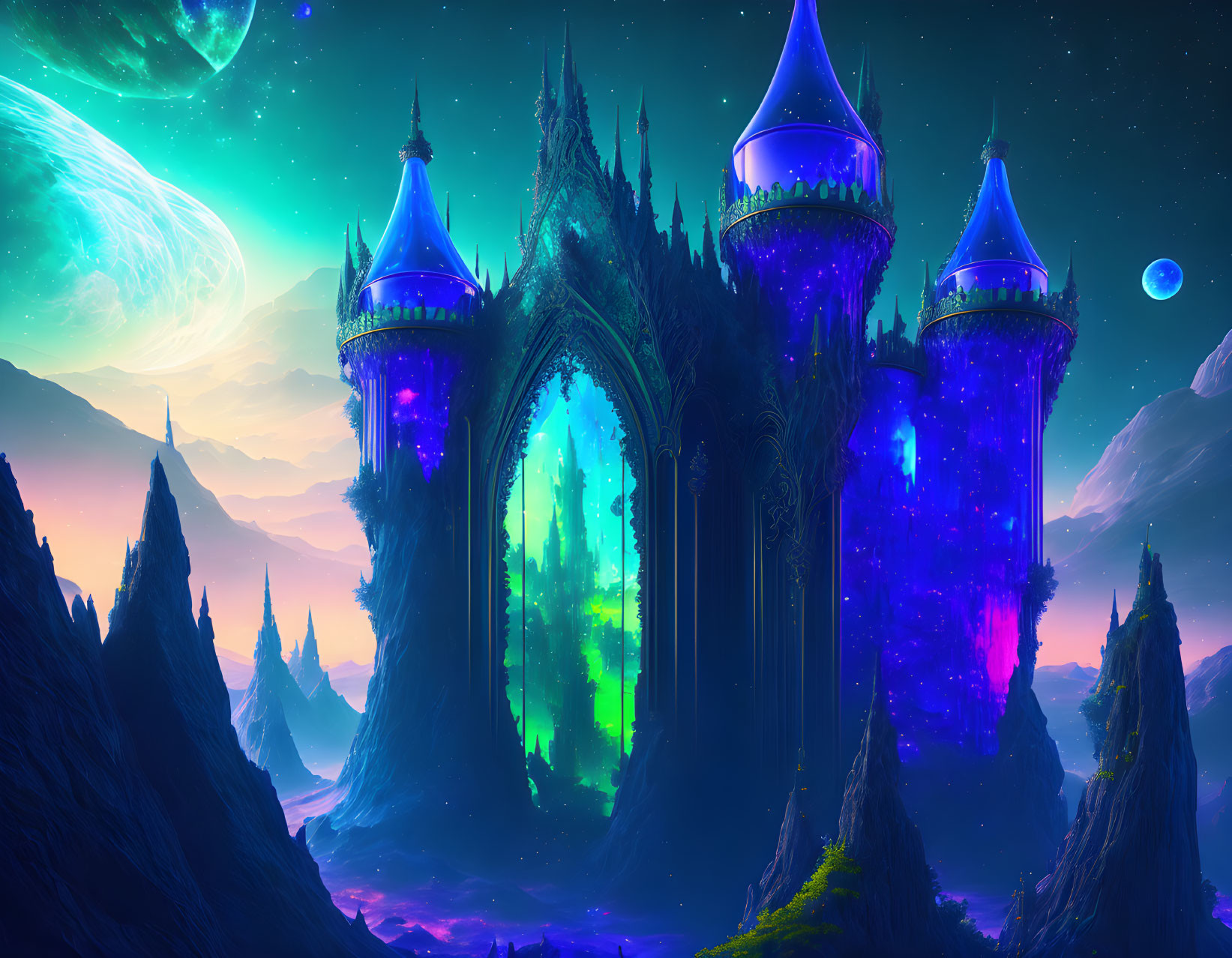 Fantasy landscape with neon castle on rugged peaks under alien sky