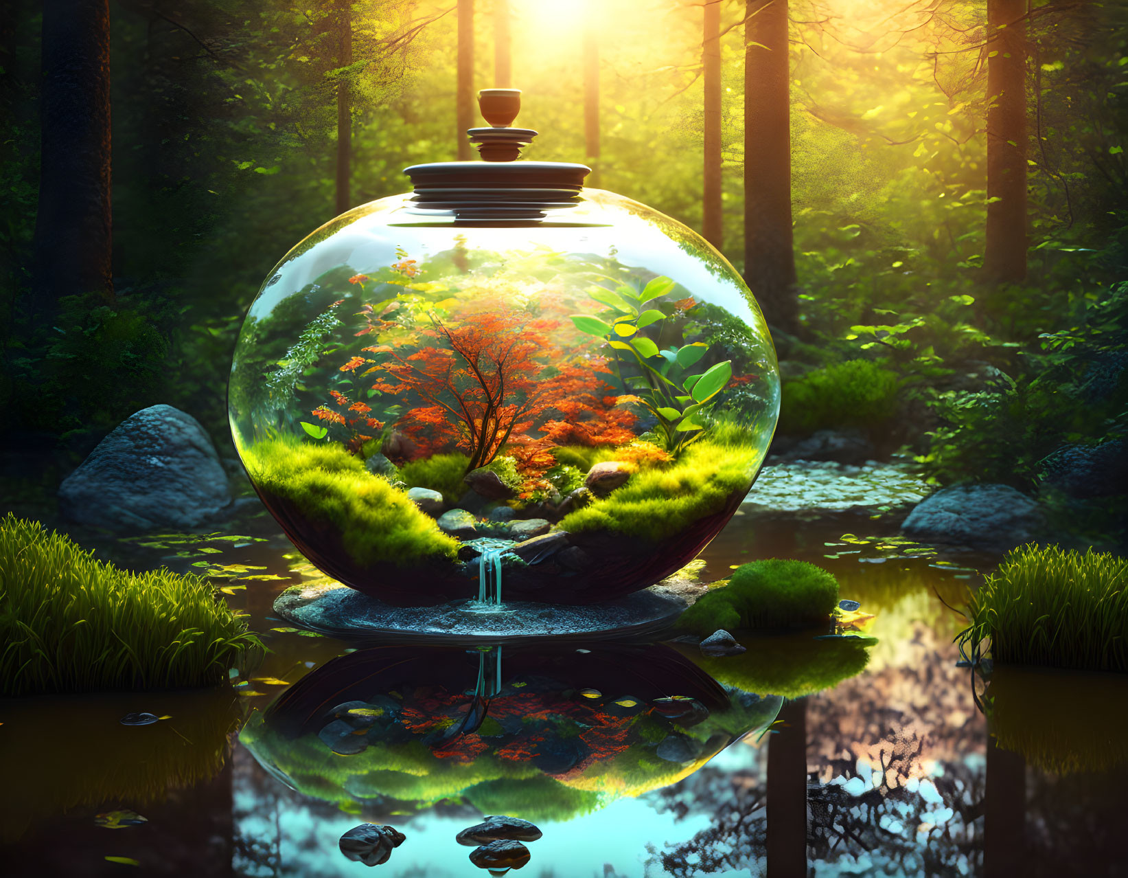 Miniature tree terrarium with working lamp on forest pond - a serene reflection.