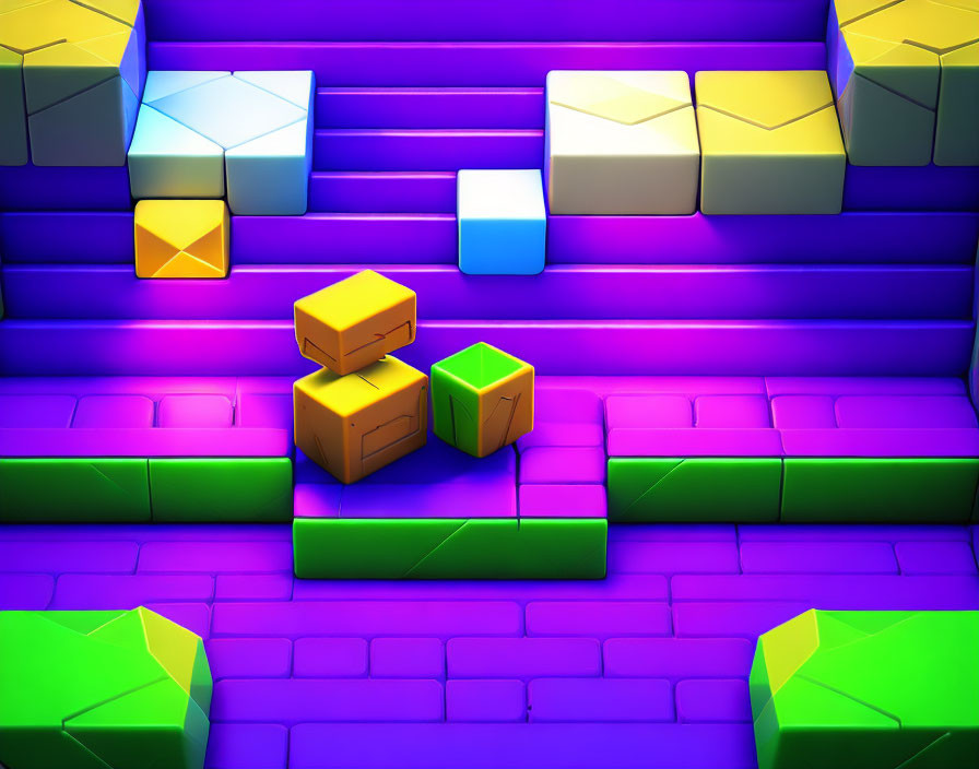 Colorful 3D-rendered stair-like blocks in purple, blue, green, and yellow with