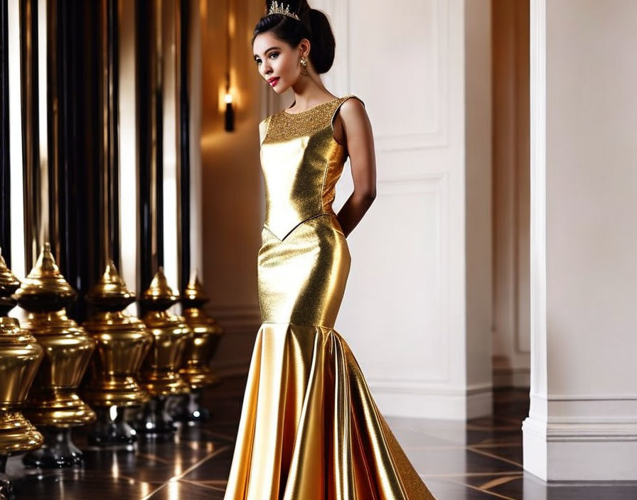 Elegant Woman in Gold Evening Gown Poses in Luxurious Hallway