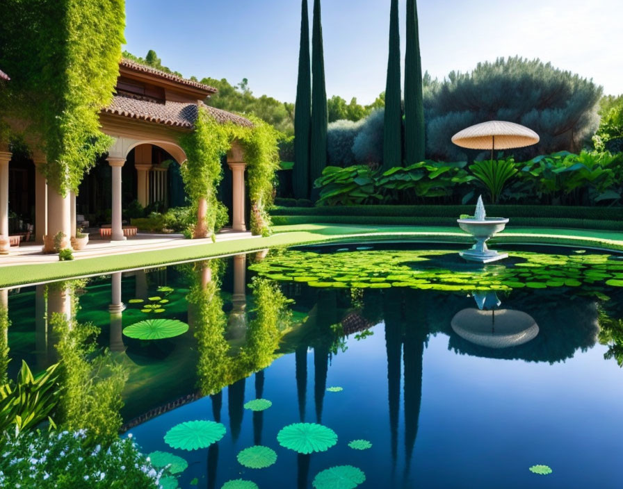 Tranquil garden scene with lily pad pond and fountain surrounded by greenery