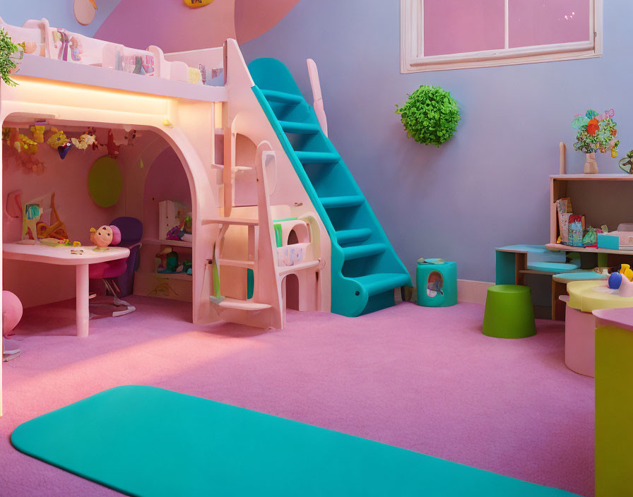 Colorful Children's Playroom with Pink Carpet, White Bunk Bed, and Playful Decor