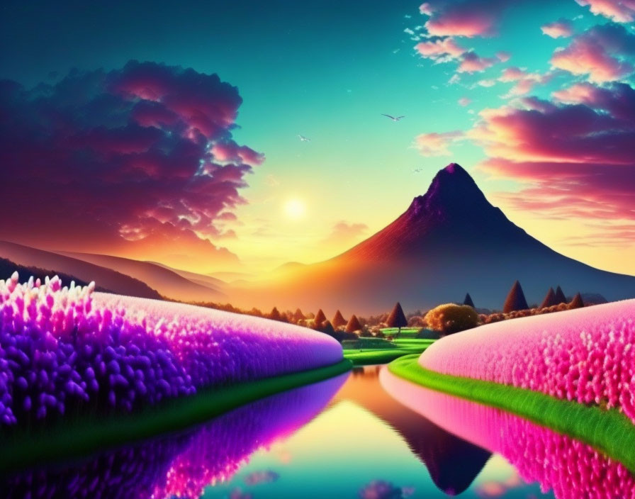 Scenic mountain landscape at sunset with colorful skies and river