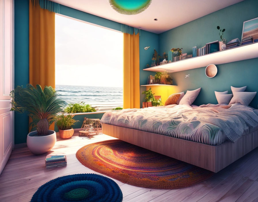 Bright Bedroom with Large Bed, Colorful Rugs, Plants, Ocean View Window