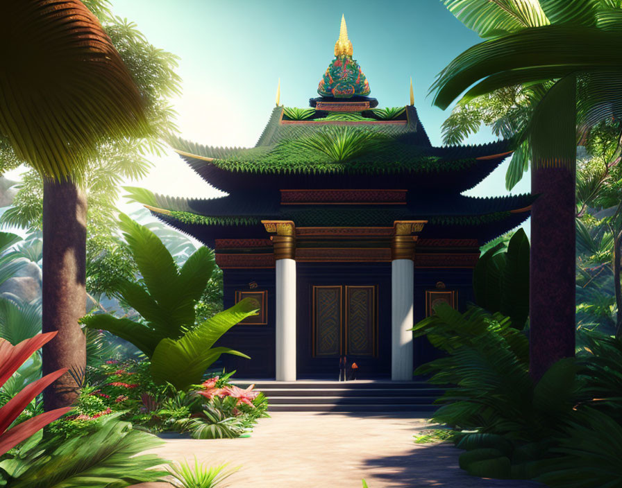 3D-rendered traditional Asian-style temple in lush tropical setting