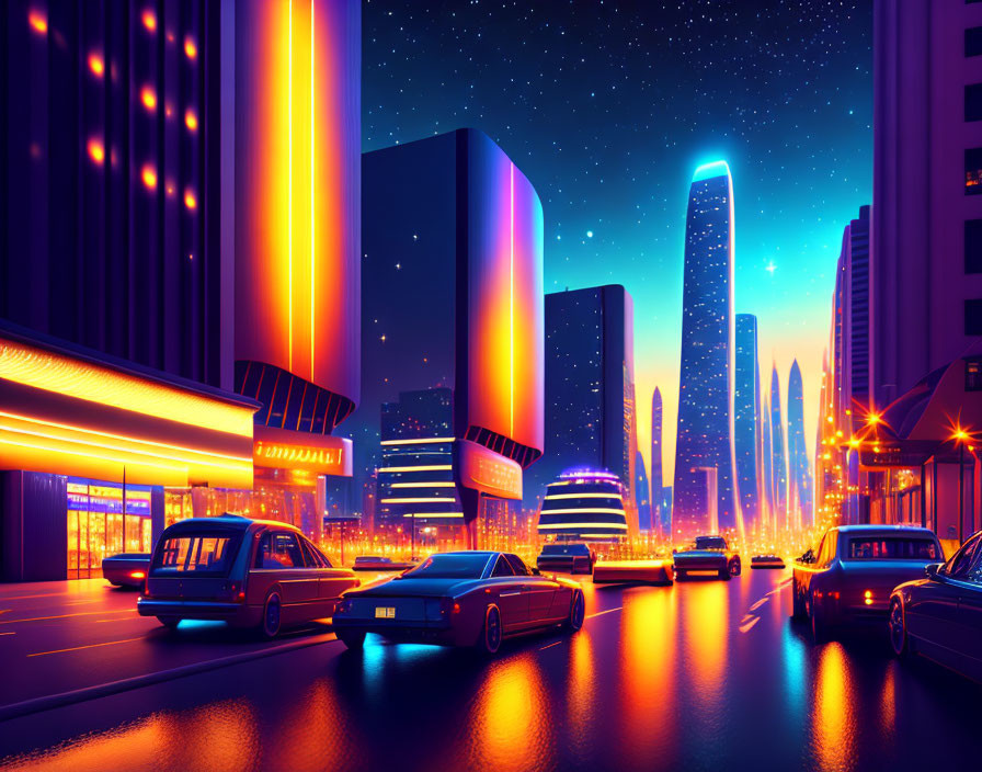 Futuristic neon-lit cityscape with skyscrapers and starry sky