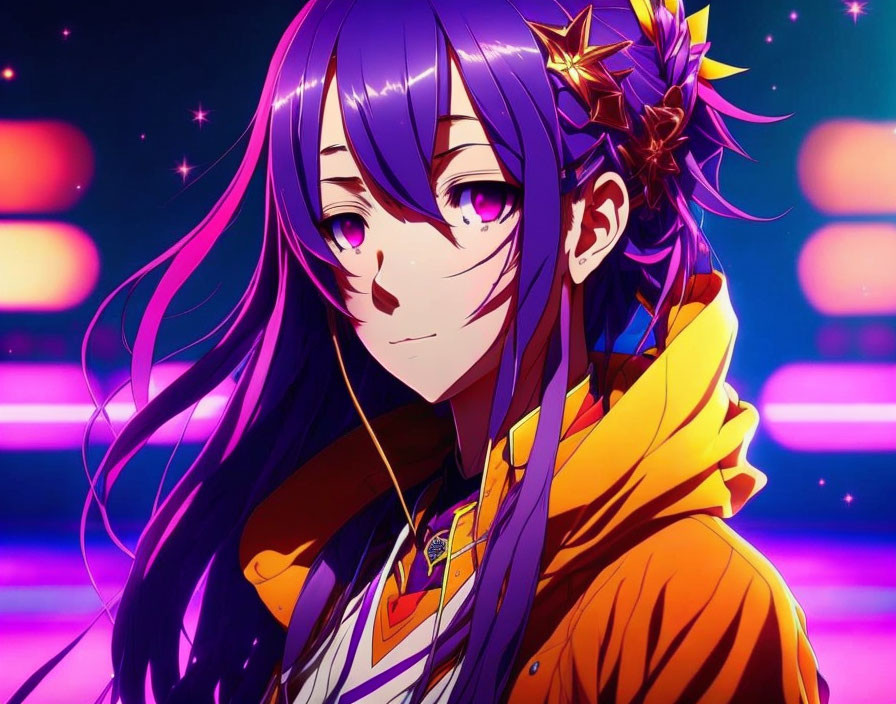 Purple-haired anime girl in yellow hoodie with star accessory on vibrant bokeh background