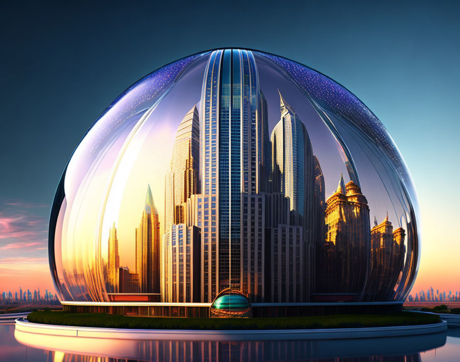 Futuristic cityscape under glowing dome at sunset with skyscrapers