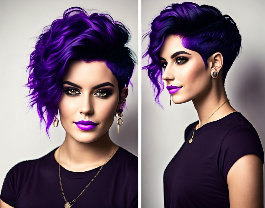 Vibrant purple hair woman in dual portrait with modern style outfit