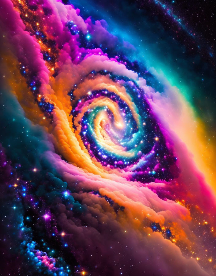 Spiral Galaxy with Swirling Stars and Clouds in Purple, Orange, and Blue