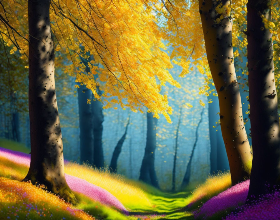 Lush Forest Landscape with Purple Flowers and Golden Foliage