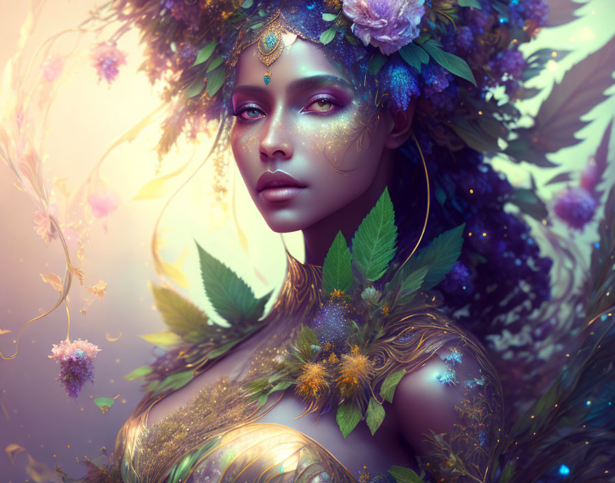 Mystical figure with floral crown and shimmering skin in ethereal setting