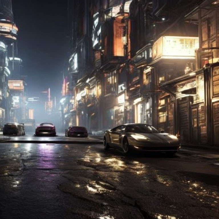 Sleek car on rain-slicked street with neon-lit buildings at night