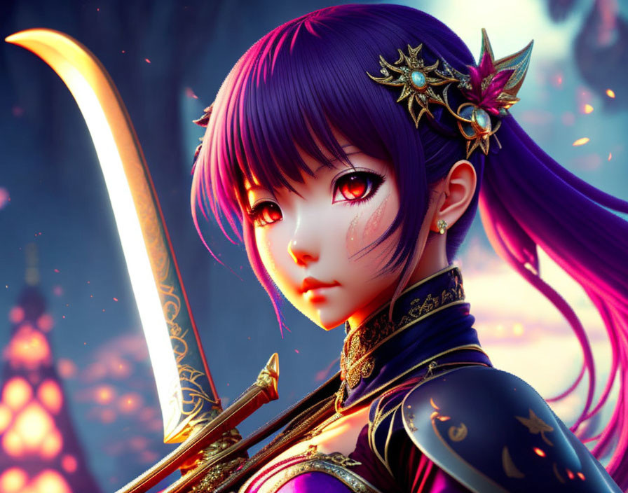 Digital Art: Woman with Purple Hair, Red Eyes, Glowing Sword