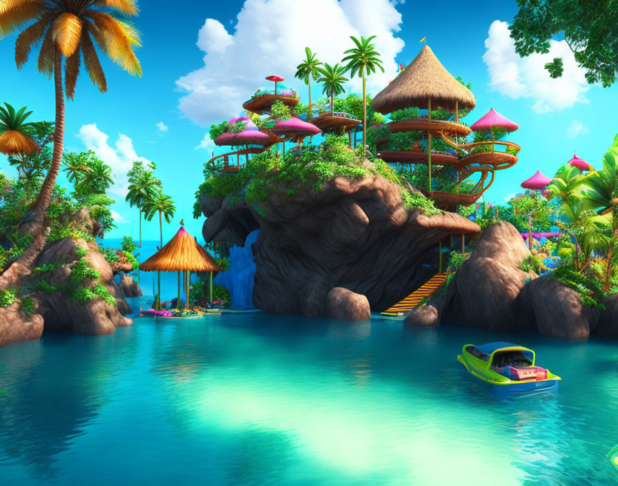 Tropical hut on rocky outcrop with palm trees, waterfalls, speedboat, and blue waters