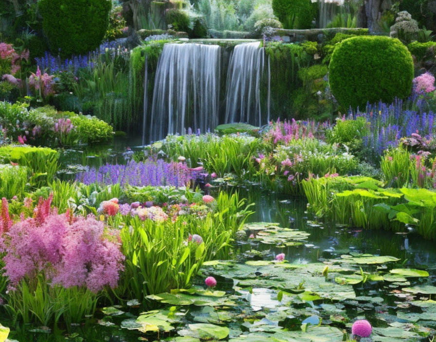 Tranquil garden with waterfall, vibrant flowers, lush greenery, and lily pad pond