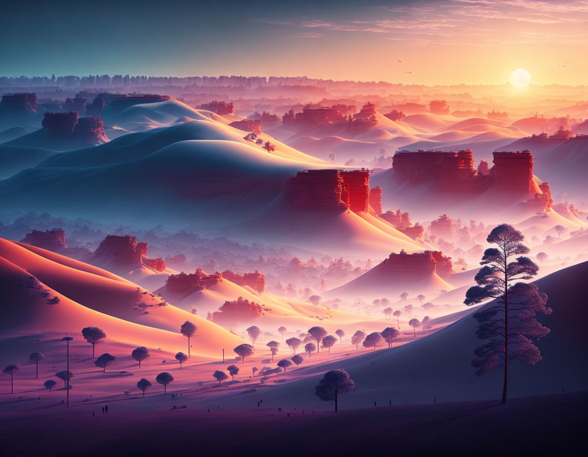 Surreal landscape with rolling dunes, lone tree, and layered rock formations