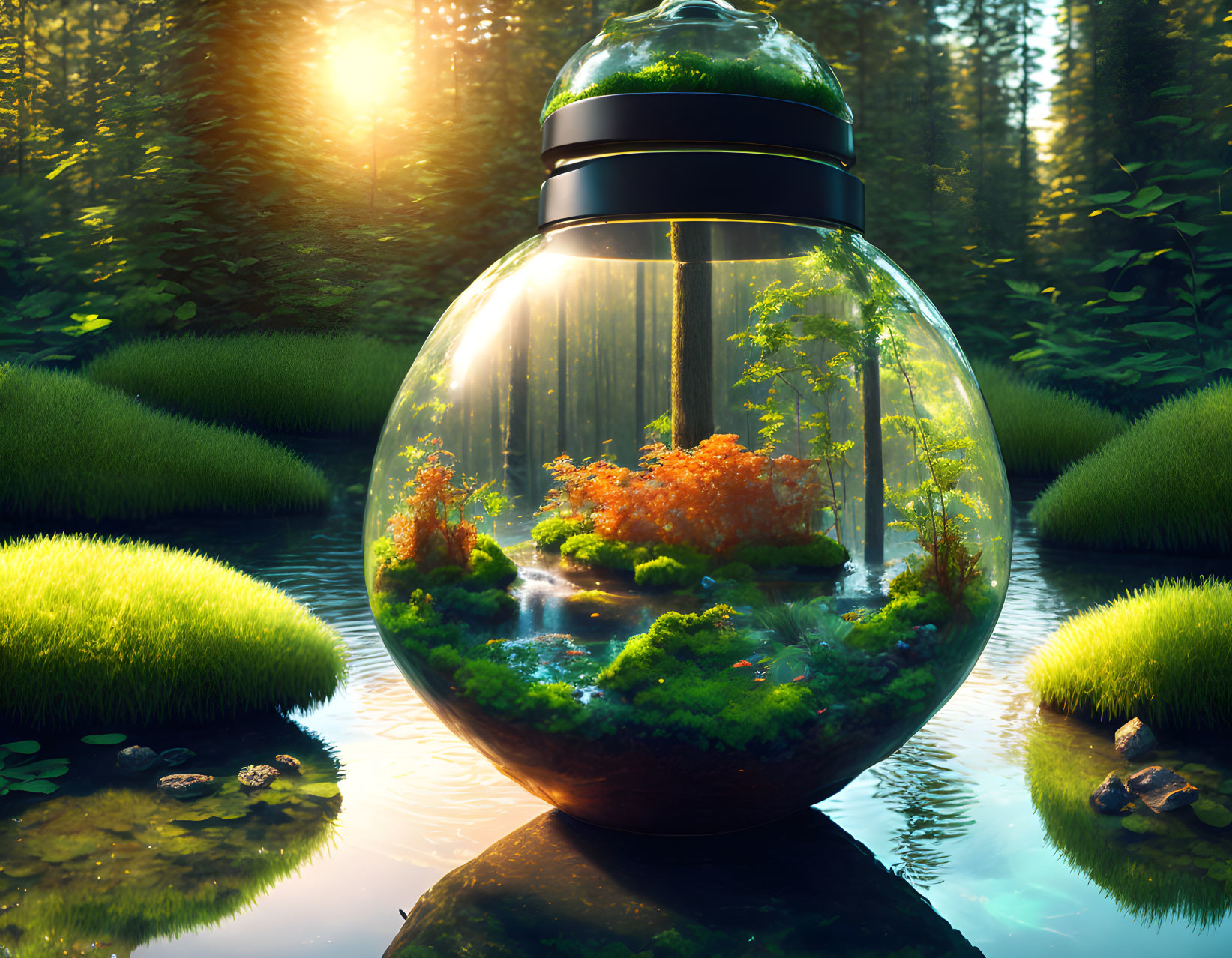 Miniature Forest Ecosystem in Terrarium Bulb Amid Calm Water