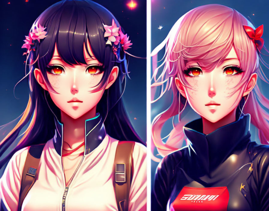 Stylized female anime characters with colorful backgrounds and distinct features