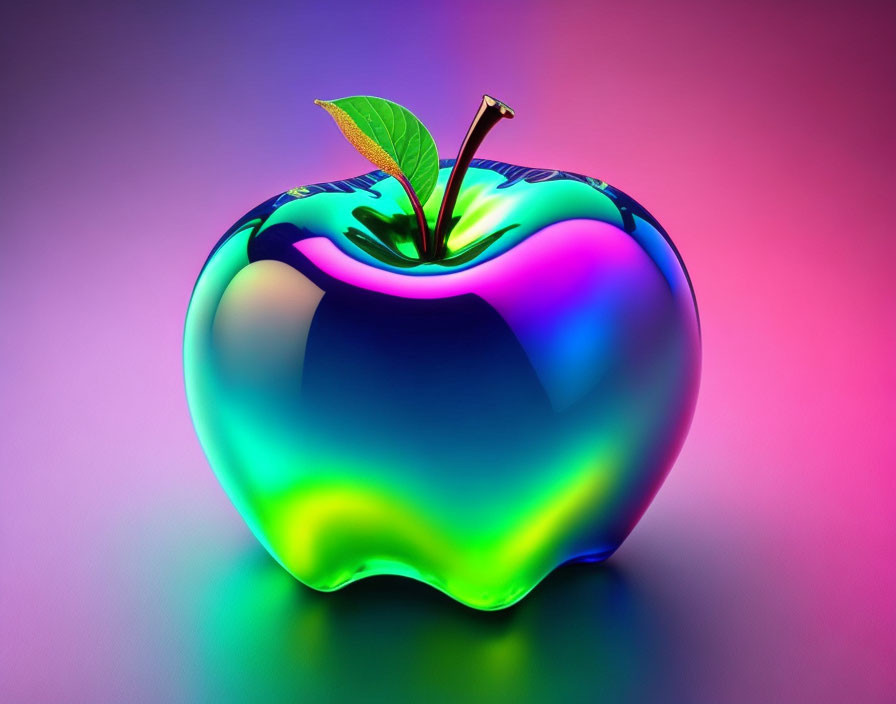 Multicolored glossy apple on gradient pink and purple background