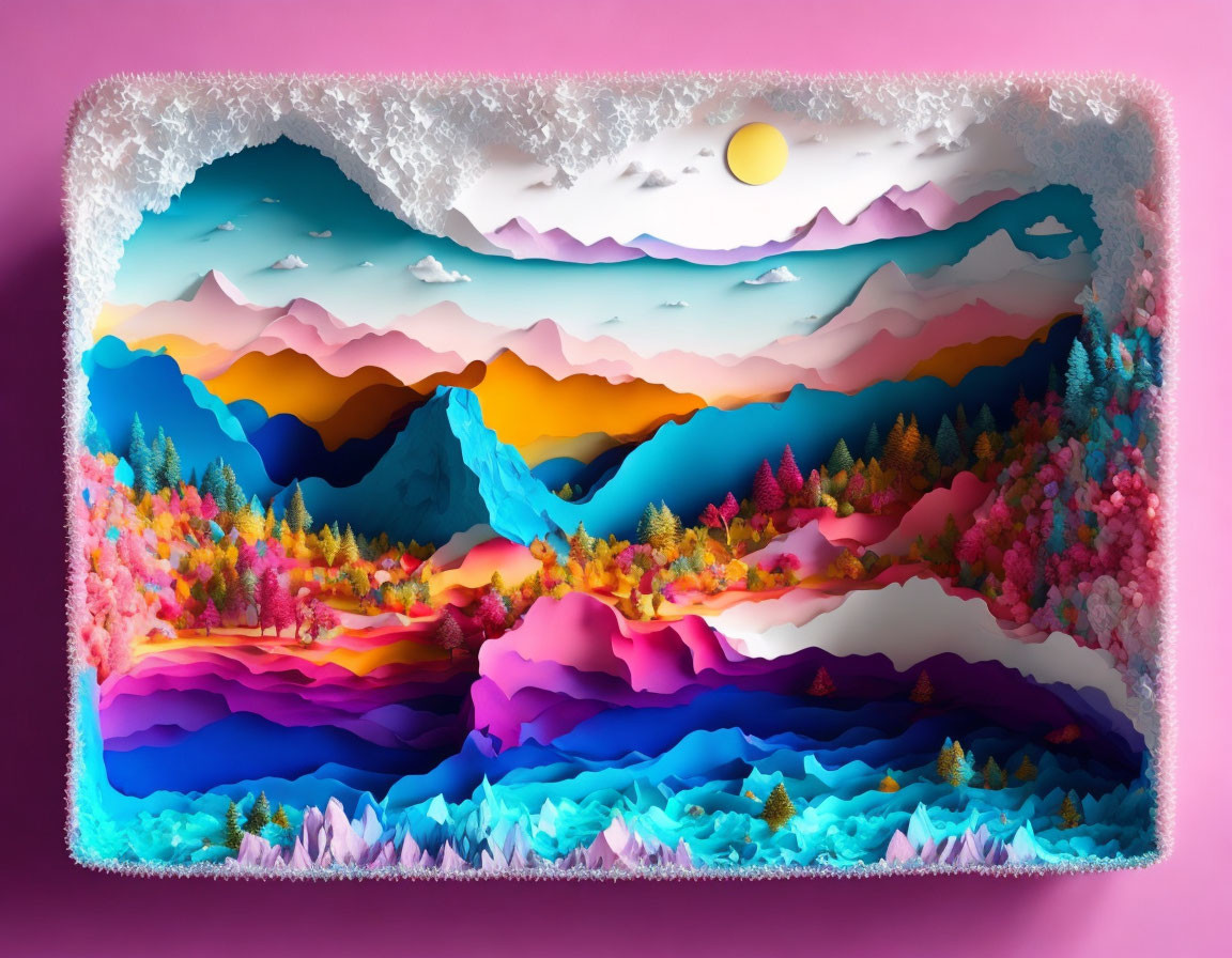 Colorful Paper Art: Layered Mountain Scenery with Forests and Sun