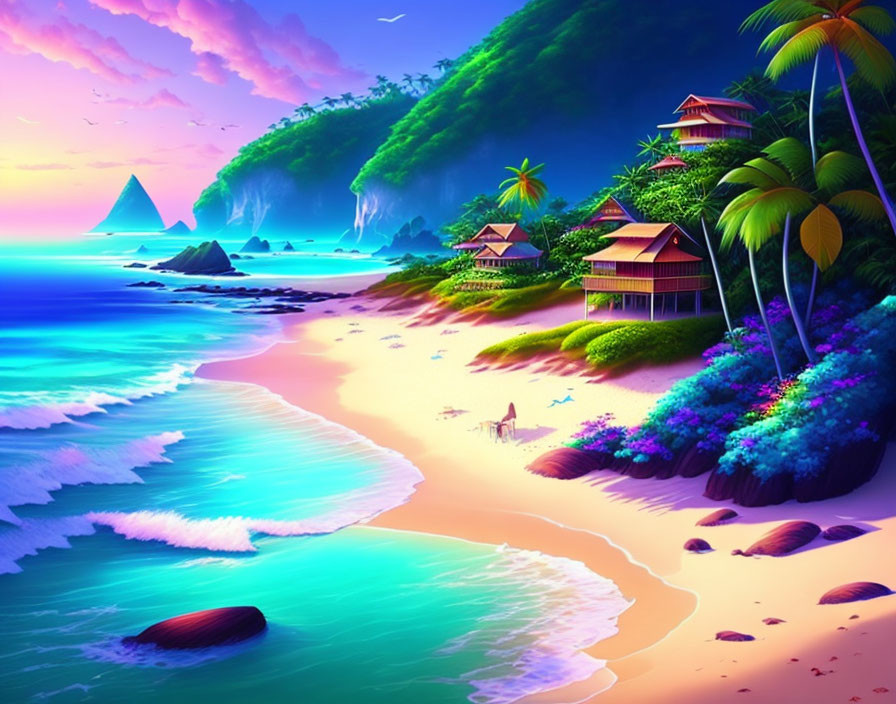 Tropical beach scene with huts, lush foliage, and gentle waves at dawn or dusk