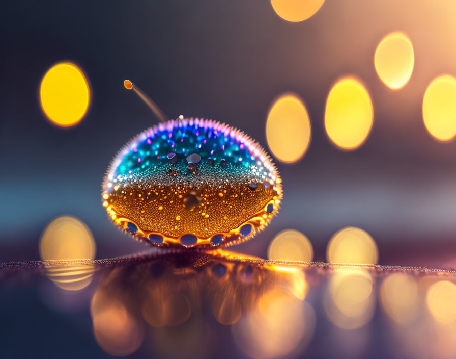 Iridescent water droplet with antenna-like protrusion on soft bokeh background