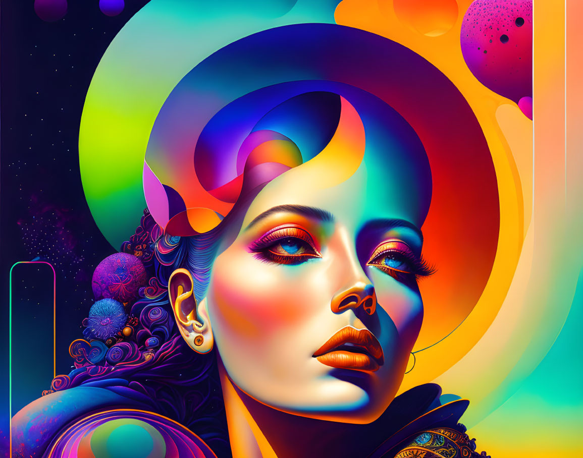 Colorful digital artwork: Woman with cosmic background & abstract patterns